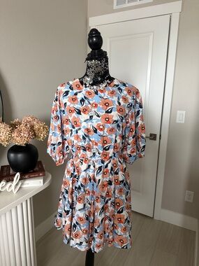 MELLODAY Coral & Blue Floral Tie-Waist Mini Dress